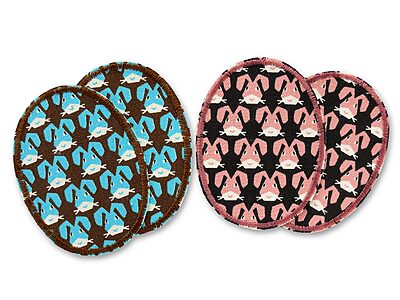 Knieflicken Hase 2er Set in 2 Farben – türkis-braun und rosa-schwarz, jeweils 6 x 8 cm aus Baumwollcanvas mit Hasen-Allover, Bügelflicken für schmale Hosenbeine handmade Berlin