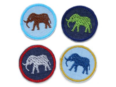 Mini Elefant Patches 2er Set in 4 Farben: grüner, blauer, brauner und hellgrauer Elefant auf dunkelblauem oder hellblauem Jeansstoff, jeweils Ø 4 cm, Mini-Aufnäher handmade Berlin