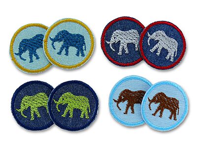 Mini Elefant Patches 2er Set in 4 Farben: grüner, blauer, brauner und hellgrauer Elefant auf dunkelblauem oder hellblauem Jeansstoff, jeweils Ø 4 cm, Mini-Aufnäher handmade Berlin