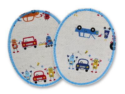 Knieflicken für Kinder mit Robotern, Autos und Werkzeug auf naturfarbenem Baumwollcanvas, 2 ovale Bügelflicken 8 x 10 cm, Roboter-Hosenflicken Unikat handmade Berlin