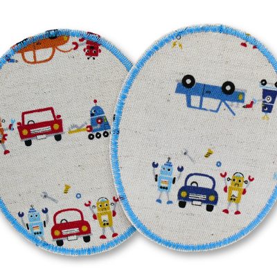 Knieflicken für Kinder mit Robotern, Autos und Werkzeug auf naturfarbenem Baumwollcanvas, 2 ovale Bügelflicken 8 x 10 cm, Roboter-Hosenflicken Unikat handmade Berlin