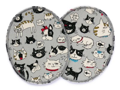 2 Knieflicken Hunde und Katzen aus hellgrauem Baumwollcanvas mit buntem Tier-Allover-Muster, jeweils 8 x 10 cm, ovale Bügelflicken für Kinderhosen zum Aufbügeln handmade Berlin