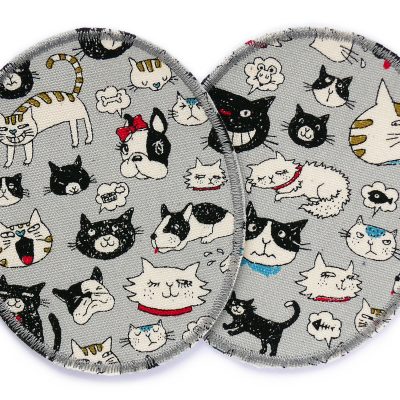 2 Knieflicken Hunde und Katzen aus hellgrauem Baumwollcanvas mit buntem Tier-Allover-Muster, jeweils 8 x 10 cm, ovale Bügelflicken für Kinderhosen zum Aufbügeln handmade Berlin