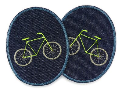 Fahrrad-Jeansflicken mit Neonmotiv zum aufbügeln, 2 Knieflicken aus dunkelblauem Jeansstoff mit gesticktem Fahrrad in Neonfarben, jeweils 8 x 10 cm, Bügelflicken für Kinderhosen handmade Berlin