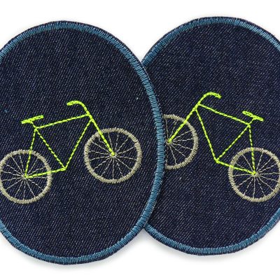 Fahrrad-Jeansflicken mit Neonmotiv zum aufbügeln, 2 Knieflicken aus dunkelblauem Jeansstoff mit gesticktem Fahrrad in Neonfarben, jeweils 8 x 10 cm, Bügelflicken für Kinderhosen handmade Berlin