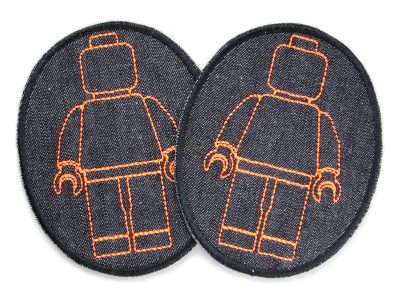 Knieflicken aus schwarzem Jeansstoff mit gestickten Bausteinmännchen in Neonorange, 8 x 10 cm, neonorange Spielfiguren auf Schwarz, Bügelflicken Kinderhosen handmade Berlin