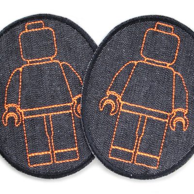 Knieflicken aus schwarzem Jeansstoff mit gestickten Bausteinmännchen in Neonorange, 8 x 10 cm, neonorange Spielfiguren auf Schwarz, Bügelflicken Kinderhosen handmade Berlin