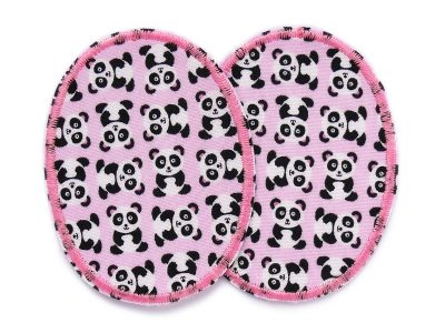 2 Panda-Knieflicken aus rosafarbenem Baumwollstoff mit schwarz-weißen Pandabären Allover-Muster, jeweils 6 x 8 cm, ovale Bügelflicken für Kinderhosen handmade Berlin