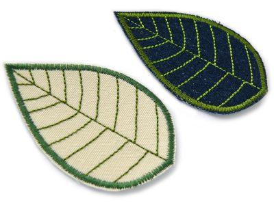 Blatt-Bügelpatches aus hellem und dunkelblauem Jeansstoff mit grüner Stickerei, 8 x 5 cm, Blätter-Aufnäher 2 Farbvarianten zum Aufbügeln, Piratenbande Berlin