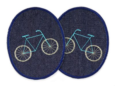 Fahrrad-Jeansflicken für Kinder, 2 robuste Knieflicken aus dunkelblauem Jeansstoff mit aquablauem gestickten Fahrrad, jeweils 8 x 10 cm, Bügelflicken für Kinderhosen handmade Berlin