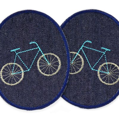 Fahrrad-Jeansflicken für Kinder, 2 robuste Knieflicken aus dunkelblauem Jeansstoff mit aquablauem gestickten Fahrrad, jeweils 8 x 10 cm, Bügelflicken für Kinderhosen handmade Berlin
