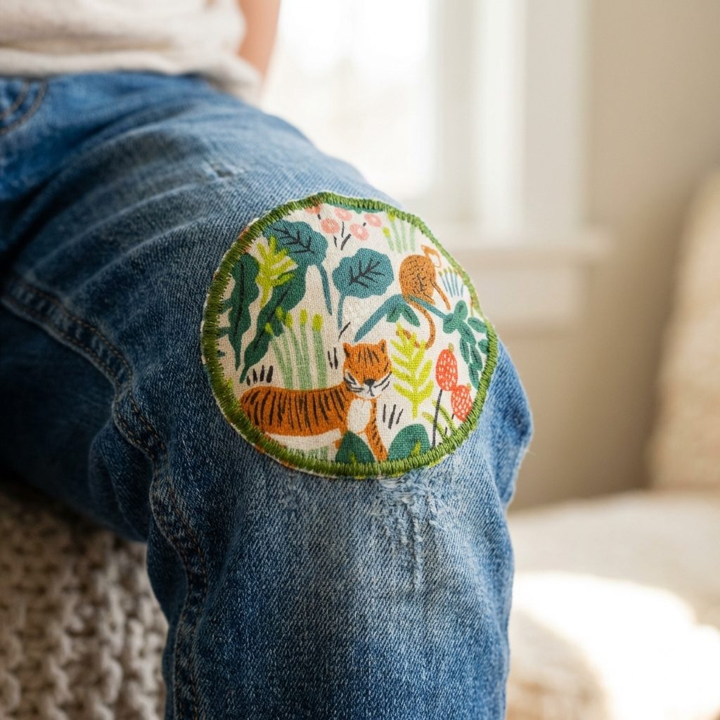 Heller Dschungel-Hosenflicken auf Kinderjeans aufgebügelt, Baumwollstoff Ø 8 cm mit Affen Papageien und Dschungelpflanzen, Bügelflicken Kinderhosen reparieren handmade Berlin