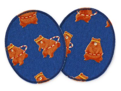 2 Bären-Knieflicken aus blauem Baumwollcanvas mit braunen Hula-Hoop-Bären Allover-Muster, jeweils 8 x 10 cm, ovale Bügelflicken für Kinderhosen zum Aufbügeln handmade Berlin