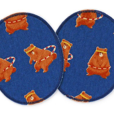 2 Bären-Knieflicken aus blauem Baumwollcanvas mit braunen Hula-Hoop-Bären Allover-Muster, jeweils 8 x 10 cm, ovale Bügelflicken für Kinderhosen zum Aufbügeln handmade Berlin