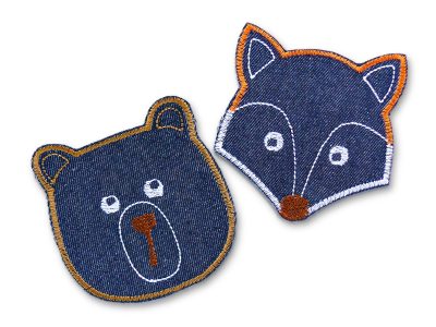 Bär und Fuchs Patches aus dunkelblauem Jeansstoff – gestickter Bärenkopf und Fuchskopf als Einzelmotiv, 8 x 7,5 cm, Tier-Bügelflicken zum Aufbügeln handmade Berlin
