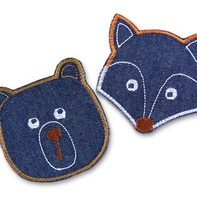 Bär und Fuchs Patches aus dunkelblauem Jeansstoff – gestickter Bärenkopf und Fuchskopf als Einzelmotiv, 8 x 7,5 cm, Tier-Bügelflicken zum Aufbügeln handmade Berlin