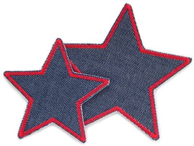Stern Jeans Aufnäher rot in 2 Größen 7,5 cm und 10 cm aus dunkelblauem Jeansstoff mit roter Garnumrandung, Stern-Bügelflicken sternförmig für Kinderhosen und Jeans handmade Berlin