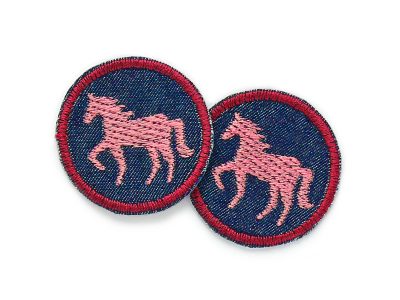 Mini Pferde-Patches rosa aus dunkelblauem Jeansstoff mit gestickten rosa Ponys, jeweils Ø 4 cm, Mini-Bügelflicken für Kinder zum Aufbügeln handmade Berlin