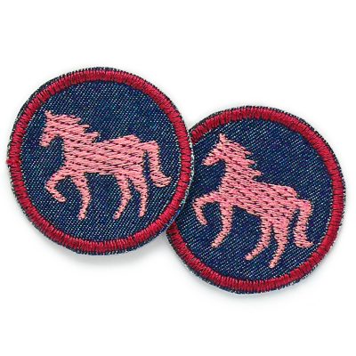 Mini Pferde-Patches rosa aus dunkelblauem Jeansstoff mit gestickten rosa Ponys, jeweils Ø 4 cm, Mini-Bügelflicken für Kinder zum Aufbügeln handmade Berlin