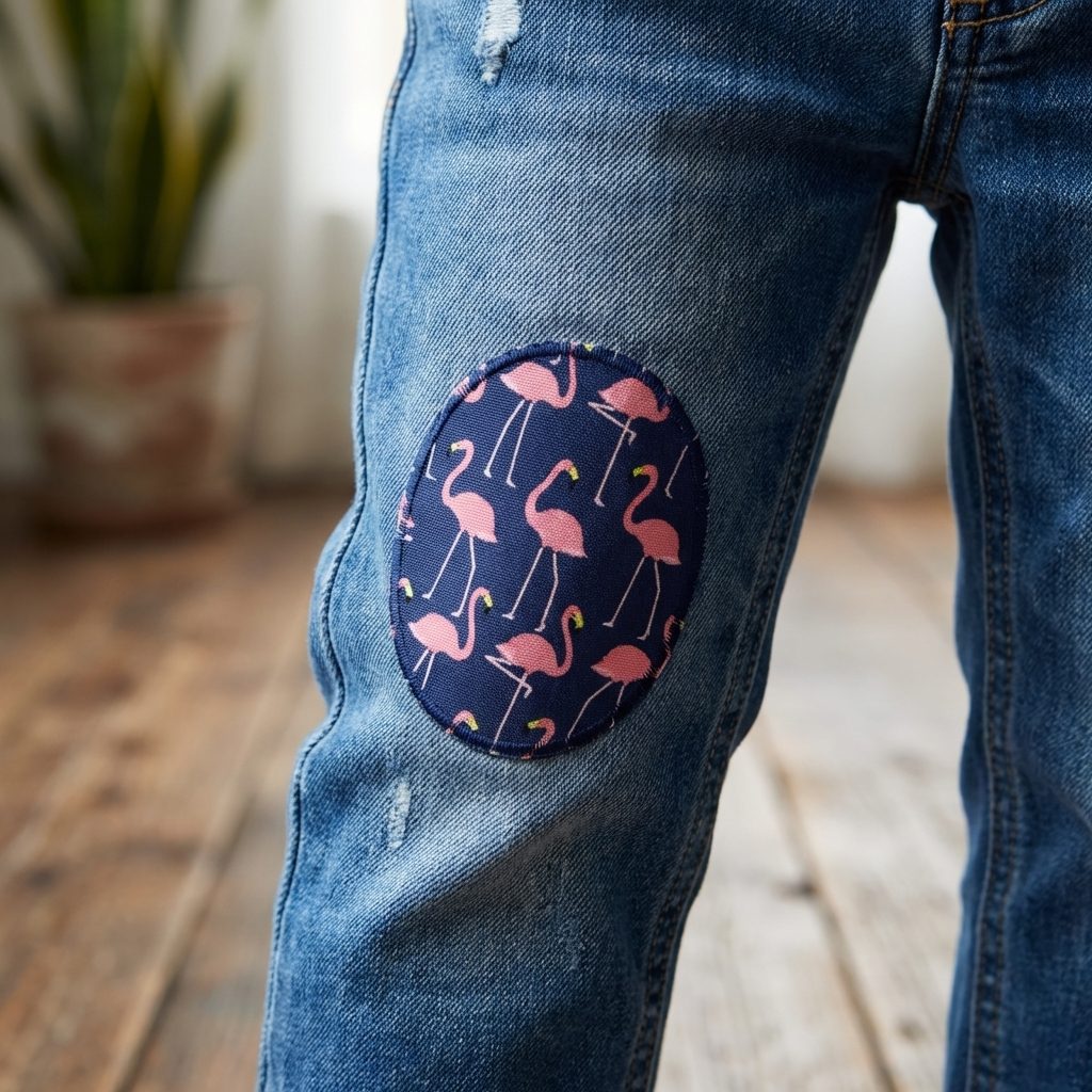 Ovale Knieflicken aus dunkelblauem Canvas mit rosa Flamingos auf Kinderhose aufgebügelt, 8 x 10 cm, Bügelflicken für Kinder – Flamingo Canvas Knieflicken 8 x 10 cm dunkelblauer Baumwollcanvas, Flamingo-Bügelflicken handmade Berlin