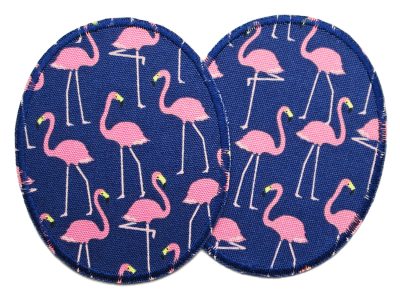 2 Flamingo-Knieflicken aus dunkelblauem Baumwollcanvas mit rosa stolzierenden Flamingos Allover-Muster, jeweils 8 x 10 cm, ovale Bügelflicken für Kinderhosen handmade Berlin
