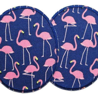 2 Flamingo-Knieflicken aus dunkelblauem Baumwollcanvas mit rosa stolzierenden Flamingos Allover-Muster, jeweils 8 x 10 cm, ovale Bügelflicken für Kinderhosen handmade Berlin
