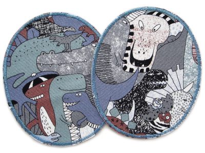 2 XL Dinosaurier-Knieflicken aus grauem Baumwollcanvas mit verschiedenen Dinos in Grau Braun und Blau, jeweils 10 x 12 cm, ovale Bügelflicken für Kinderhosen handmade Berlin