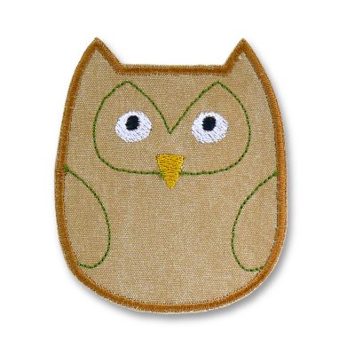 Eule Knieflicken 9 x 7,5 cm aus braunem Baumwollcanvas mit gestickter Eule als Einzelmotiv, Eulen-Bügelflicken handmade Berlin
