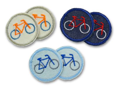 Mini-Fahrrad-Bügelflicken aus Jeansstoff mit gesticktem Rennrad in drei Farbvarianten (dunkelblau/rot, hellblau/blau, natur/neonorange), ø 4 cm, zum Aufbügeln auf Hosen und Jacken, handmade Berlin