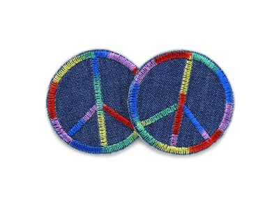 2 Peace Mini Jeansflicken Bügelpatches aus dunkelblauem Jeansstoff mit Regenbogen-Farbverlauf, jeweils Ø 4 cm, Peace-Zeichen Aufnäher 2er Set handmade Berlin