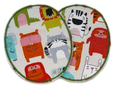 Ovale XL Tier-Knieflicken 10 x 12 cm aus hellem Baumwollcanvas auf Kinderhose, buntes Savannentier-Muster, Bügelflicken für große Knielöcher handmade Berlin Piratenbande
