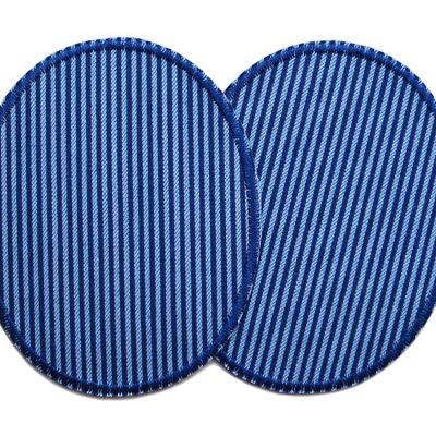 Blau gestreifte Jeansflicken zum Aufbügeln, 2 ovale Knieflicken dunkelblau-blau gestreift mit dunkelblauer Umrandung, 8 x 10 cm oder 10 x 12 cm, handmade Berlin