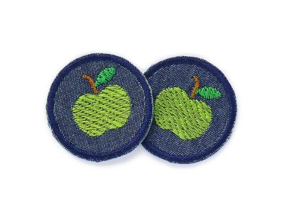 2 Apfel Mini Patches zum aufbügeln, gestickte kleine grüne Äpfel auf dunkelblauem Jeansstoff – Apfel Mini-Patches Ø 4 cm hellgrüne Äpfel auf dunkelblauem Jeans, Mini-Bügelflicken handmade Berlin