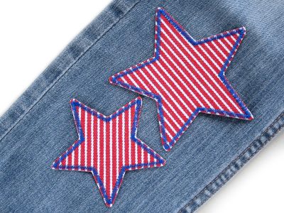 Rot-weiß gestreifter Stern-Jeansflicken auf Jeanshose aufgebügelt, 7,5 cm oder 10 cm, Hosenflicken Kinderhosen reparieren Piratenbande Berlin