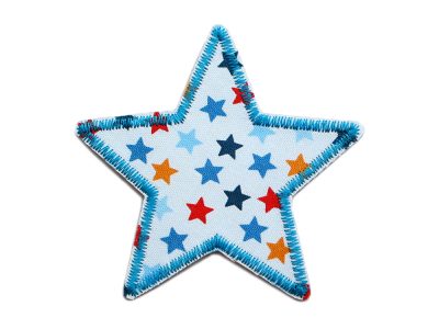 Stern Sternchen bunt Patch aus weißem Baumwollstoff mit kleinen bunten Sternchen Allover, 7,5 x 7,5 cm, Stern-Bügelflicken für Kinderhosen und Jacken handmade Berlin