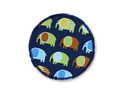 Elefanten Bügelflicken aus dunkelblauem Baumwollstoff mit bunten Elefanten Allover-Muster, Ø 7 cm, runder Hosenflicken für Kinderhosen zum Aufbügeln handmade Berlin