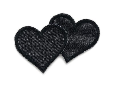 kleine Herz Jeansflicken zum aufbügeln in schwarz – 2 herzförmige Bügelflicken aus einfarbigem schwarzem Jeansstoff, jeweils 5,5 x 5 cm, Herz-Hosenflicken handmade Berlin