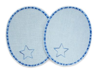2 Sternchen-Knieflicken aus hellblauem Jeansstoff mit gesticktem Stern und Farbverlaufs-Umrandung in Blautönen, jeweils 8 x 10 cm, Jeansflicken für Kinderhosen handmade Berlin