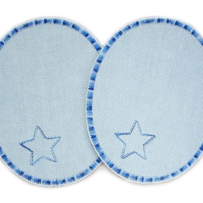 2 Sternchen-Knieflicken aus hellblauem Jeansstoff mit gesticktem Stern und Farbverlaufs-Umrandung in Blautönen, jeweils 8 x 10 cm, Jeansflicken für Kinderhosen handmade Berlin