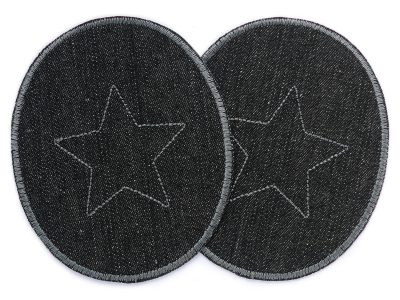 Große Jeansflicken mit gesticktem Stern in Grau auf schwarzem Jeansstoff, 10 x 12 cm, XL Knieflicken Bügelflicken für Kinder und Erwachsene handmade Berlin