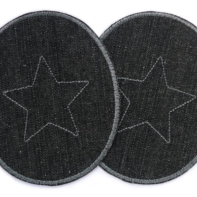 Große Jeansflicken mit gesticktem Stern in Grau auf schwarzem Jeansstoff, 10 x 12 cm, XL Knieflicken Bügelflicken für Kinder und Erwachsene handmade Berlin