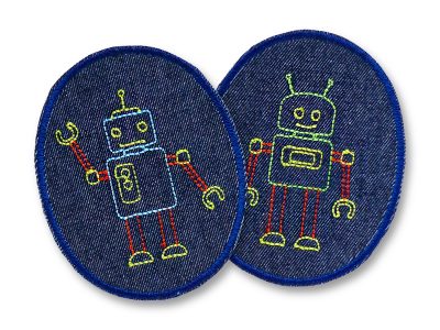Roboter Jeansflicken für Kinder – 2 ovale Knieflicken aus dunkelblauem Jeansstoff mit aufgestickten bunten Robotern, jeweils 8 x 10 cm, Bügelflicken handmade Berlin