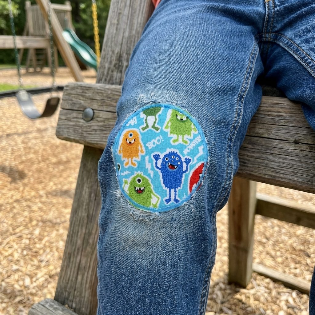 runder Monster Hosenflicken zum aufbügeln aus Baumwollstoff auf einer Kinderhose - Monster Hosenflicken hellblau Ø 8 cm auf Kinderhose aufgebügelt, bunter Baumwollstoff mit fröhlichen Monstern, Knieflicken handmade Berlin