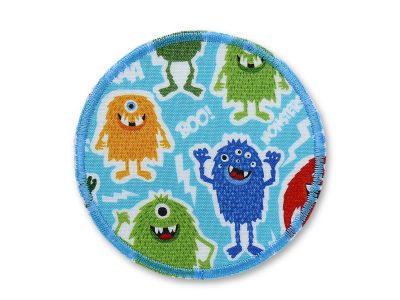 Runder Hosenflicken aus hellblauem Baumwollstoff mit buntem Monster-Allover-Muster, ø 8 cm, Bügelflicken zum Aufbügeln auf Kinderhosen und Jeans, handmade Berlin