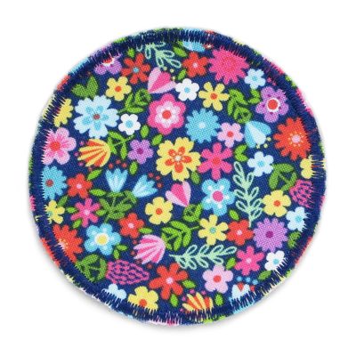 Hosenflicken zum aufbügeln mit bunten Blumen, runder Stoffflicken geblümt