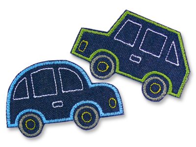 gestickte Auto Aufnäher zum aufbügeln für Kinder aus dunkelblauem Jeansstoff – Auto Jeansflicken 8,5 x 5,5 cm grüner Kastenwagen oder blaues Auto auf dunkelblau, Knieflicken handmade Berlin