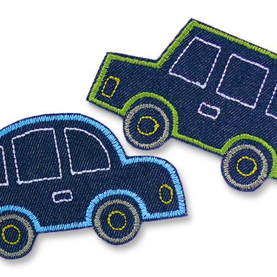 gestickte Auto Aufnäher zum aufbügeln für Kinder aus dunkelblauem Jeansstoff