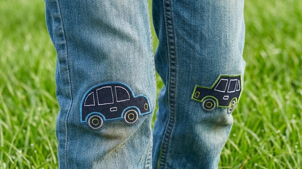 2 gestickte Auto Bügelflicken für Kinder auf eine Kinderjeanshose aufgebügelt – Auto Jeansflicken grün und blau 8,5 x 5,5 cm auf Kinderhose aufgebügelt, Knieflicken handmade Berlin Piratenbande