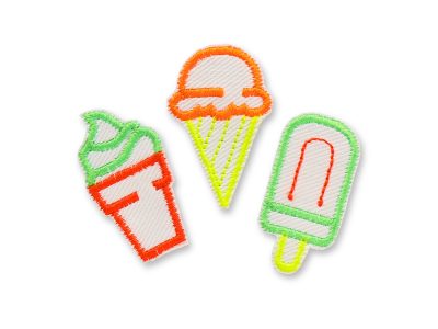 Neon Eis Mini Patches 4,5 cm Softeis Kugeleis Eis am Stiel auf weißem Jeansstoff, Neon-Bügelflicken handmade Berlin Piratenbande