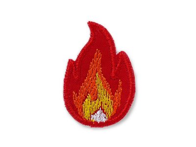 Roter Flammen-Bügelpatch aus rotem Baumwollstoff mit gestickter Feuerstickerei in Rot und Orange, Gelb und Weiß, 4,5 x 3 cm, Feuer-Aufnäher zum Aufbügeln handmade Berlin